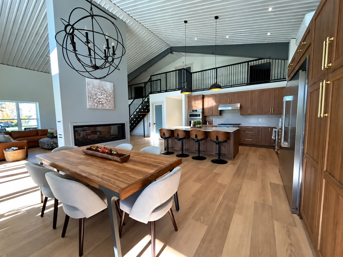 Fort Erie kitchen, dining room and double-sided fireplace beneath a vaulted liner-panel ceiling