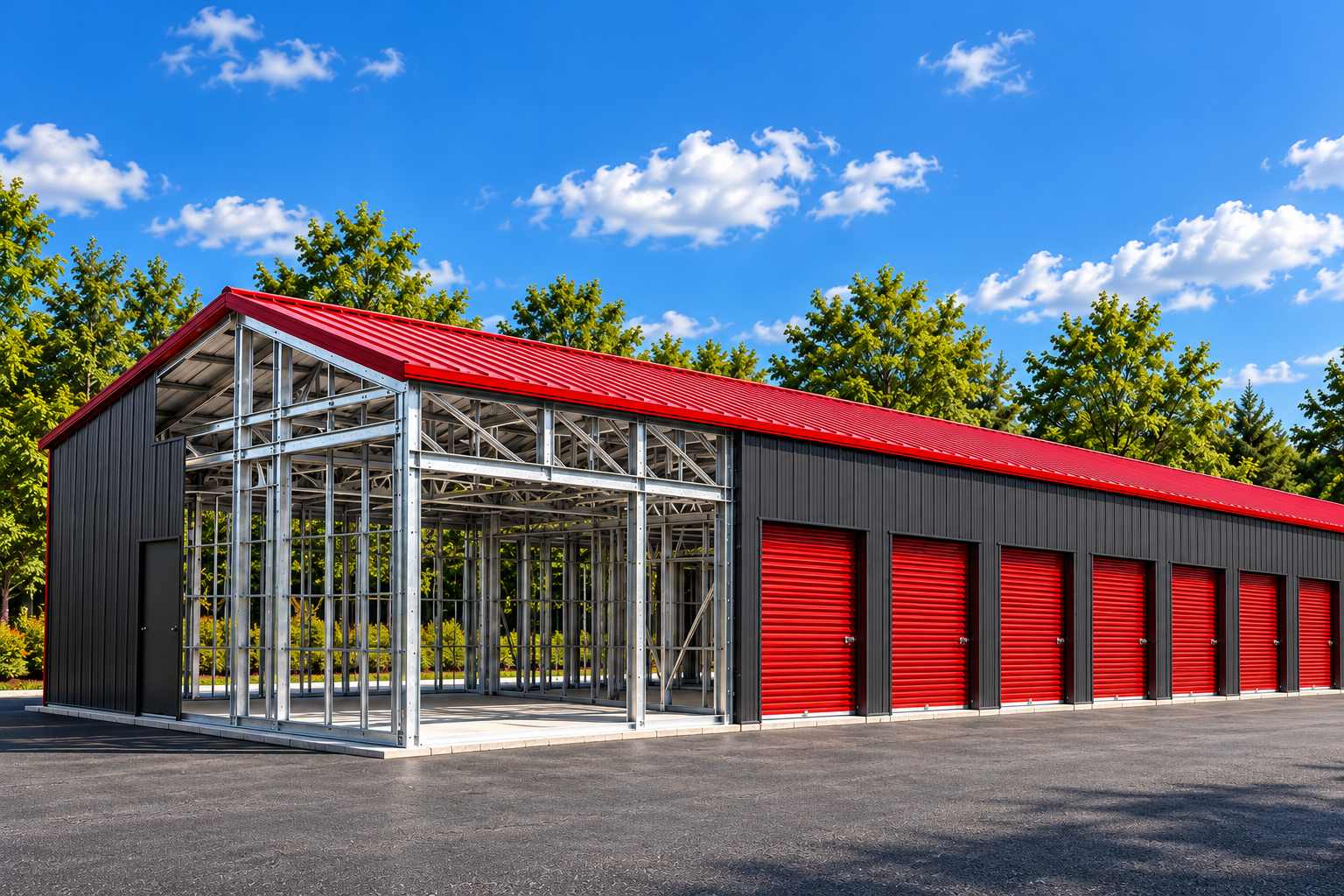 Realistic mini-storage concept with graphite cladding, red roof and red storage doors