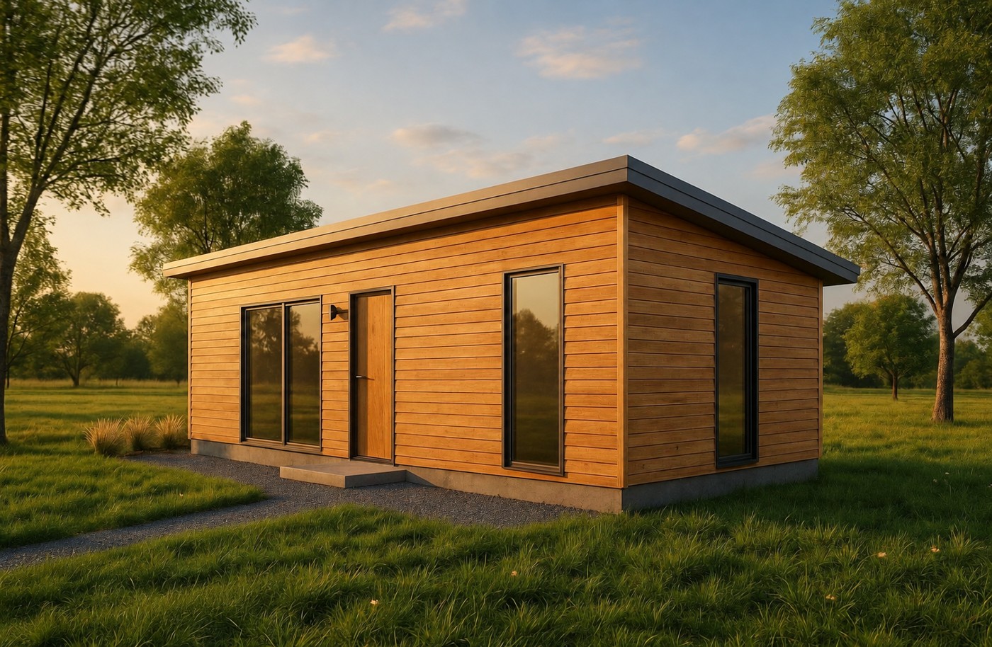 Tiny home concept: warm wood-look exterior